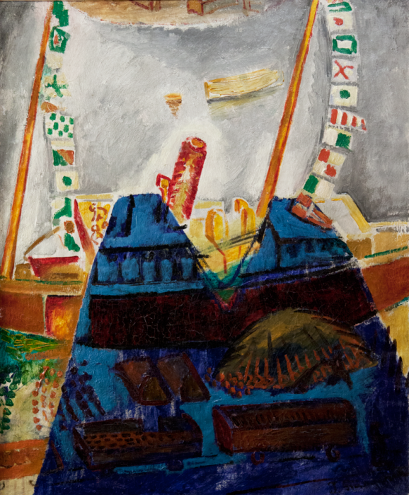 bild på tavlan blå skugga av Isak grunvwald. Bilden visar en blå skugga i mitten av tavlan och bakom skuggan syns en båt med ett färgglatt flaggspel i masterna. 